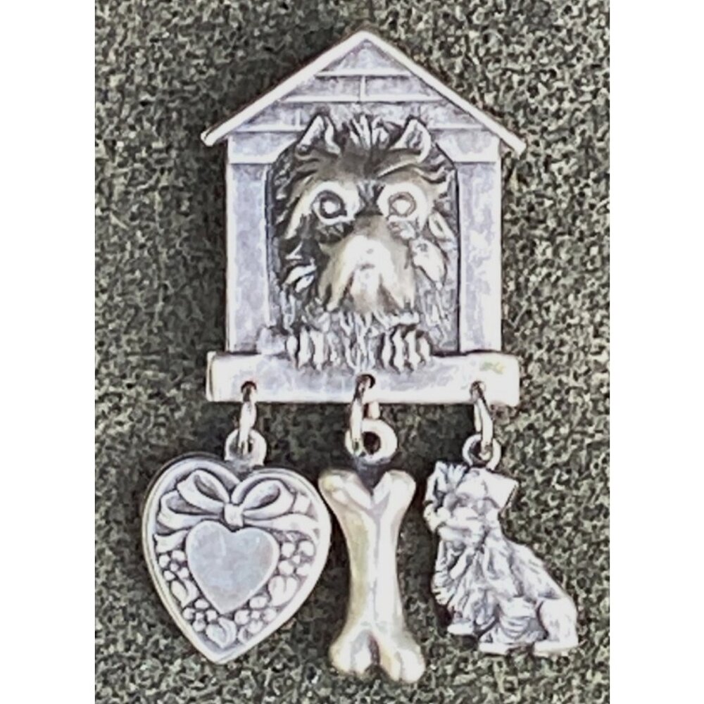 Silver Tone Terrier Dog in Doghouse Brooch Pin with Dangle Charms
